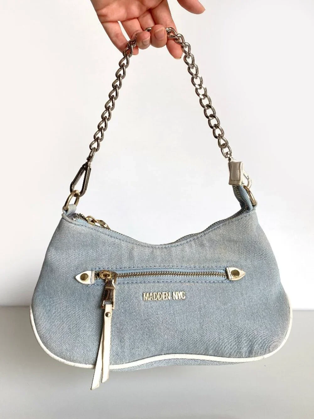 Steve Madden Y2K Denim Silver Chain Shoulder Bag Blue & White